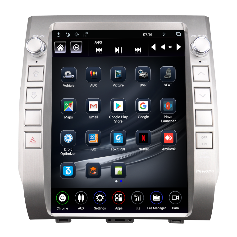12.1″ HD touch screen Android Tablet
 	Android 9.0 “Pie” operating system
 	Optional iGO NextGen Navigation System (full screen display)

 	Will run Google Maps and WAZE if preferred at no extra charge at time of purchase


 	AM/FM Radio w/RDS (12 FM presets, 6 AM presets, plus My Favorite Stations )
 	2 USB inputs (1 factory input, 1 auxiliary)
 	PX 6 Processor 32GB Memory 4GB Ram
 	BT 5.0 w/APTX Loss Less Music Streaming

 	Bluetooth may work with certain Bluetooth controlled devices


 	HDMI Out
 	USB Music and Video player w/HD Video and Video in motion options
 	4X45 Watt built-in amplifier w/DSP & EQ
 	5 Volt RCA Preouts (Front, Rear, Sub)
 	TOSLYNK SPDIF output
 	PhoneLink System (Apple & Android compatible)

 	Wireless Apple CarPlay / Android Auto


 	On Screen/touch screen climate controls – if equipped A/C, Dual Zone Climate, Seat heaters/coolers, defroster, etc.
 	Retain vehicles factory reverse cameras
 	Add aftermarket front, rear or right cameras
 	Optional USB DVR w/ ADAS Driver Assist

 	Lane Departure Warning
 	Stop-N-Go Traffic alerts
 	Collision Warning


 	Display factory parking sensors (if equipped)
 	WIFI for web browser, app download and use.
 	App List w/Google Play Store for personal app downloads
 	SiriusXM Ready

 	THIS FEATURE IS NOT ACTIVE UNTIL WE GET THE APPROVAL FROM SIRIUSXM



 

* May not be compatible with other aftermarket CANBUS devices that are installed in the vehicle….. ie tuners, start stop bypasses, OBD devices, speed calibrators etc.*